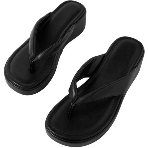 Womens platform flip flops summer faux leather strappy open toe sandals shoes - Picture 1 of 8